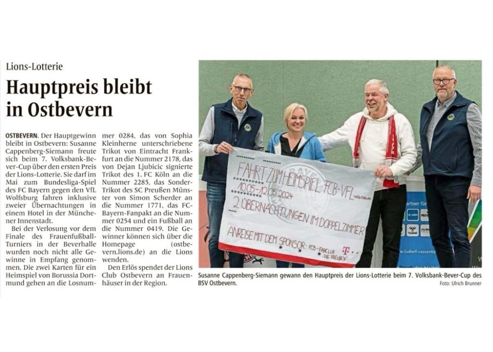 Zeitungsartikel der WN zur Verlosung der Preise der Lions-Lotterie beim 7. Volksbank Bever-Cup 2024